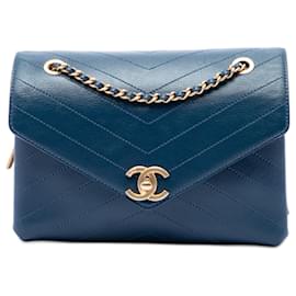 Chanel Blue Small Chevron Lambskin Stitched Envelope Flap
