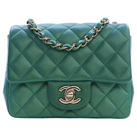 Chanel Green Mini Square Classic Iridescent Lambskin Single Flap