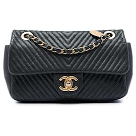 Chanel Black Small Chevron Wrinkled Calfskin Medallion Charm Surpique Flap