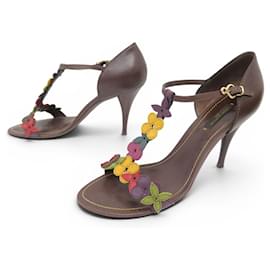 CHAUSSURES LOUIS VUITTON AUBEPINE T-STRAP FLEURS MONOGRAM 38 SANDALES SHOE - Louis Vuitton