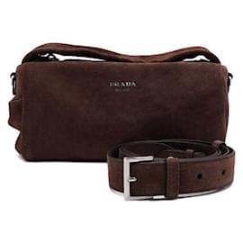 Borsa Tote e Borsa a Spalla in Scamosciato Marrone con Logo con Lettere Iniziali - Prada