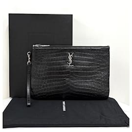 Clutch con Monogramma Argentato Motivo Coccodrillo Nero - Saint Laurent