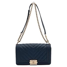 Chanel Borsa a Spalla Boy Chevron Blu Caviar Medium Flap con Catena Oro