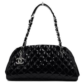 Chanel Black Patent Mademoiselle Medium Quilted Silver Chain Shoulder Bag