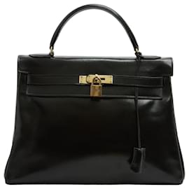 Hermès 1960s Sac Kelly 32 Bandouliere Black Box Leather Hand Bag strap Hermes