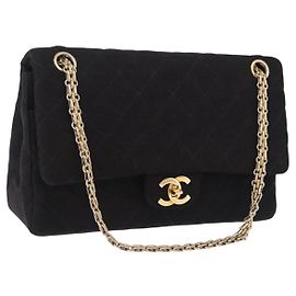CHANEL Matelasse Double Flap Chain Shoulder Bag Cotton Black Gold Tone CC Auth 194097