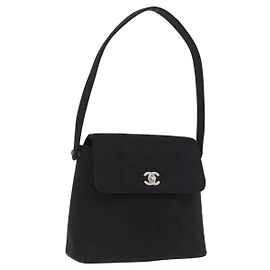 CHANEL Matelasse Hand Bag Cotton Black Silver CC Auth bs36363