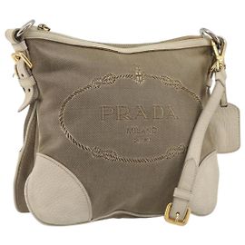 PRADA Schultertasche Canvas Beige Gold Auth 193355
