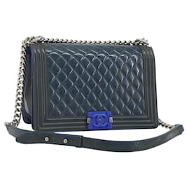 CHANEL Matelasse Boy Chanel Chain Bag Patent Leather Blue Silver CC Auth 193914