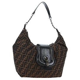 Borsa a Spalla con Catena FENDI Zucca Canvas Nero Marrone Autentica 187655V
