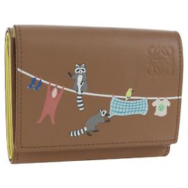 Portafoglio Trifold LOEWE Raccoon in Pelle Suna Fujita Marrone Argento Auth 195312M