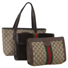 Borsa GUCCI GG Supreme Web Sherry Line in PVC e scamosciato 3 Set Beige Marrone Auth 187898