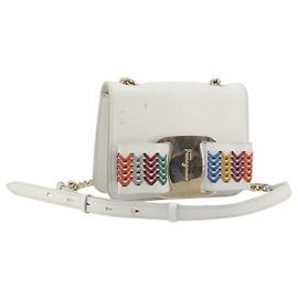 Salvatore Ferragamo Vala Chain Shoulder Bag Leather White Gold Auth 192429
