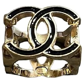 Chanel CC Logo Ring Gold und Schwarze Harz Größe 53