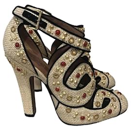 Escarpins Alaïa de ráfia bege com tachas e pedras Tamanho 40