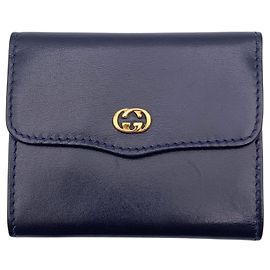 Gucci Portafoglio vintage in pelle blu navy con chiusura a bacio e patta