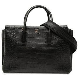 MCM Milla Satchel in pelle nera con stampa coccodrillo misura Medium