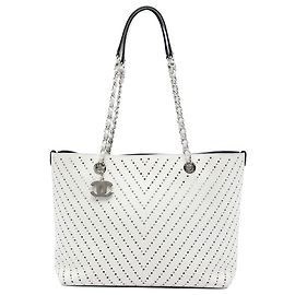 Chanel White CC Perforated Chevron Caviar Shopping Tote