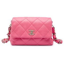 Chanel Pink Small Quilted Lambskin Logo Chain Strap Flap
