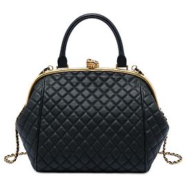 Borsa bowling Chanel Black Paris Rome in pelle di vitello trapuntata con chiusura Colosseum