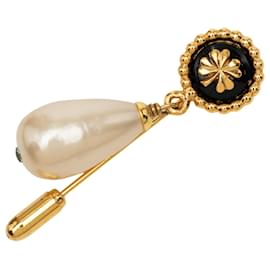 Broche Chanel Gold Gold Plated Clover Faux Pearl Drop