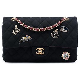 Chanel Black Paris Hamburg Medium Classic Jersey Coco Sailor Charms Double Flap