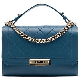 Chanel Blue Medium Quilted Grained Calfskin Label Click Top Handle Flap