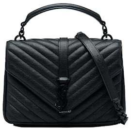 Borsa College Monogram Monochrome Chevron in pelle di pecora nera Medium Saint Laurent
