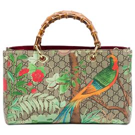 Borsa Shopper Gucci Beige Medium GG Supreme Tian Bamboo