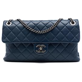 Chanel Blue Large Quilted Shiny Sheepskin Burgundy Rocks Flap