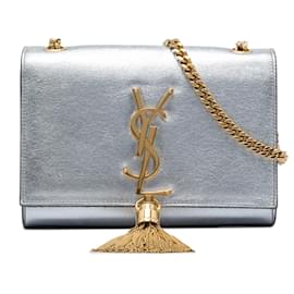 Saint Laurent Borsa a Tracolla Kate in Pelle di Vitello Metallizzata Argento Piccola con Nappina