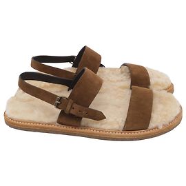 Sandali slingback in scamosciato marrone con fodera in shearling Saint Laurent