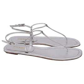 Sandali piatti con listino a T Prada in pelle argento metallizzato
