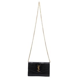 Portafoglio con catena Uptown in pelle nera con stampa coccodrillo Saint Laurent