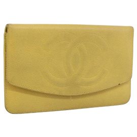 CHANEL COCO Mark Long Wallet Caviar Skin Yellow Gold CC Auth 193588