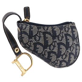 Christian Dior Trotter Canvas Saddle Coin Purse Navy Gold Auth 193769V