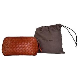 Vintage Bottega Veneta Flechtleder-Kosmetiktasche Rostfarbe