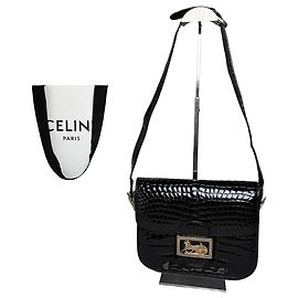 Céline Vintage Celine Crocodile-Embossed Leather Shoulder Bag Black Gold