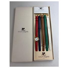 Vintage Courreges Armbanduhr mit Lederarmband, goldfarbenes Gehäuse, weißes Zifferblatt
