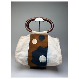 Vintage Marni Canvas Tote Creme Braun Marine mit Holzgriffen