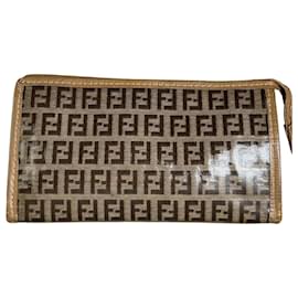 Portefeuille zippé Vintage Fendi FF Monogram Canvas Marron Beige