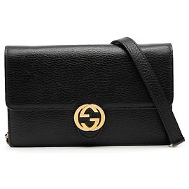 Portafoglio con catena Gucci in pelle nera con logo G interlocking