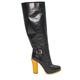 Schwarz-gelbe Fendi Leder- und Eidechsen-Stiefel mit Absatz Overknee Größe 40