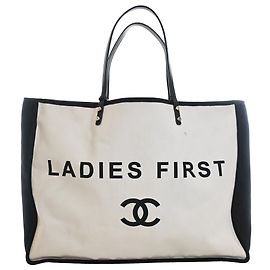 Borsa shopper Ladies First in tela bicolore nero Chanel