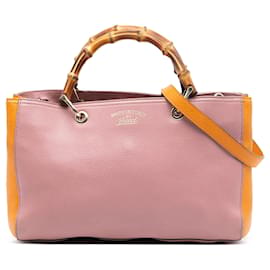 Borsa a tracolla Gucci Medium Bicolor in pelle di vitello rosa con manico in bambù