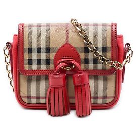 Bolso bandolera Burberry Mini Haymarket Check en lona revestida roja con borla