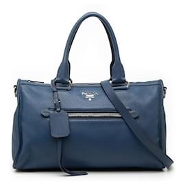 Borsa blu Prada Vitello Phenix Zip Top Satchel