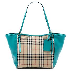 Tote Canterbury in tela Haymarket Check e pelle beige Burberry Small