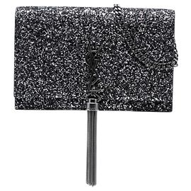 Borsa a tracolla Saint Laurent Kate Tassel Chain Wallet nera con monogramma glitter metallizzato