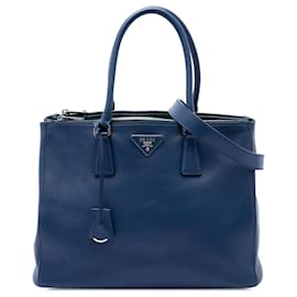 Borsa Tote Prada Galleria in pelle di vitello morbida blu media con doppia zip